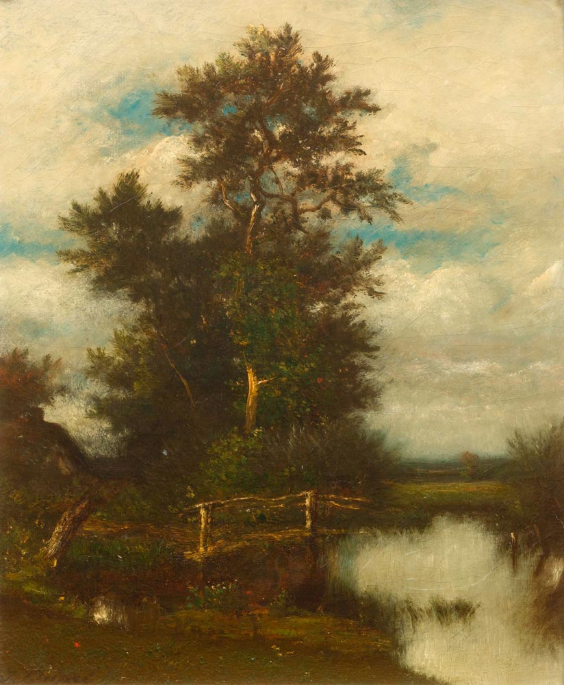DUPRÉ, JULES (Nantes 1811 - 1889 L'Isle-Adam) Oak by a pond. Circa 1855-60. Oil on canvas. Signed