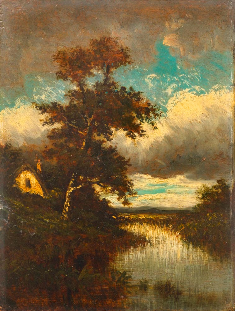 DUPRÉ, JULES (Nantes 1811 - 1889 L'Isle-Adam) Paysage à l'étang. Circa 1870. Oil on panel.