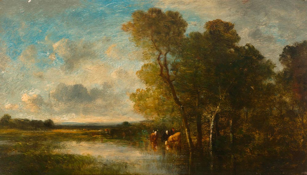 DUPRÉ, LÉON-VICTOR (Limoges 1816 - 1879 L'Isle-Adam) River landscape with cows. Oil on panel. Signed