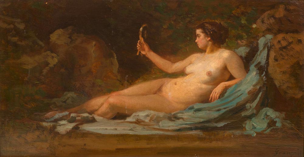 FRANCAIS, FRANCOIS LOUIS (Plombières 1814 - 1897 Paris) Femme à son miroir. Oil on panel. Signed