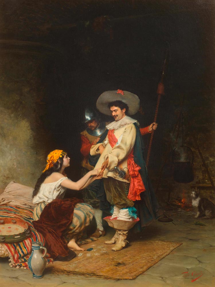 CONTI, TITO (1842 Florence 1924) Gypsy girl with nobleman. Circa 1880. Oil on canvas. Signed lower