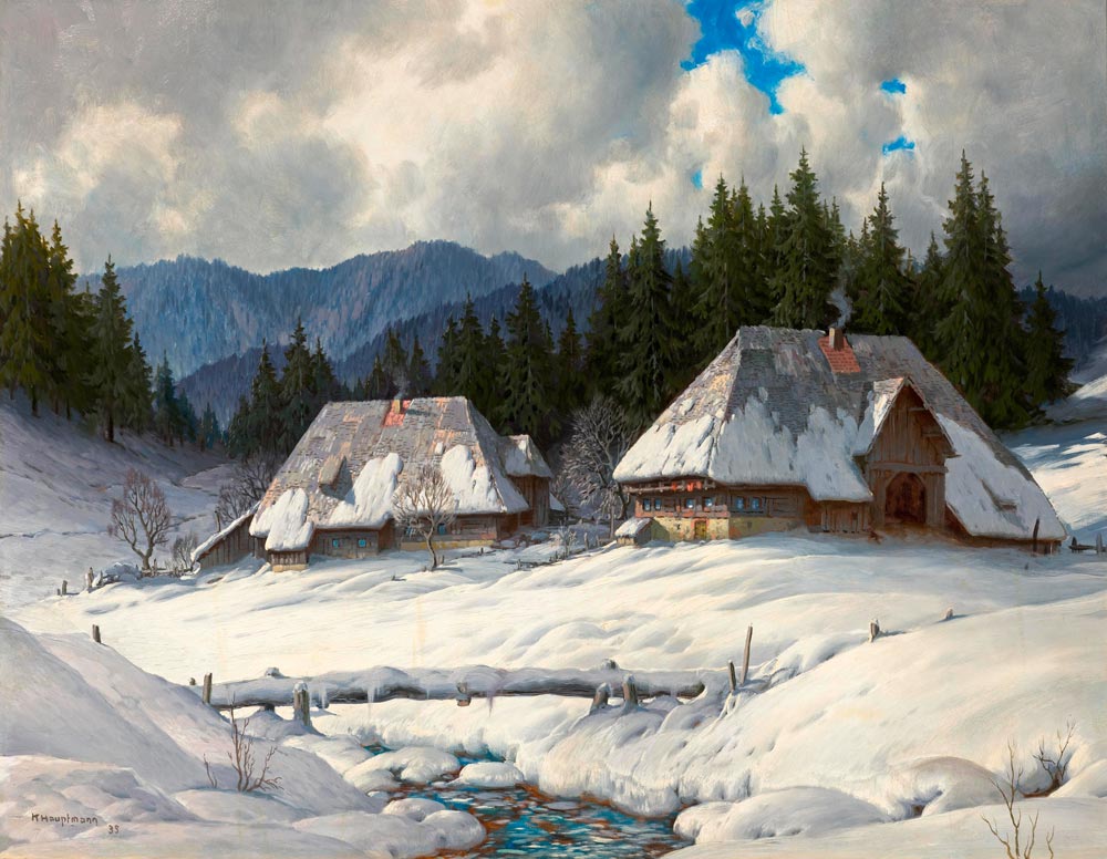 HAUPTMANN, KARL (1880 Germany 1947) Winter landscape in the Black Forest. 1935. Oil on board. Signed