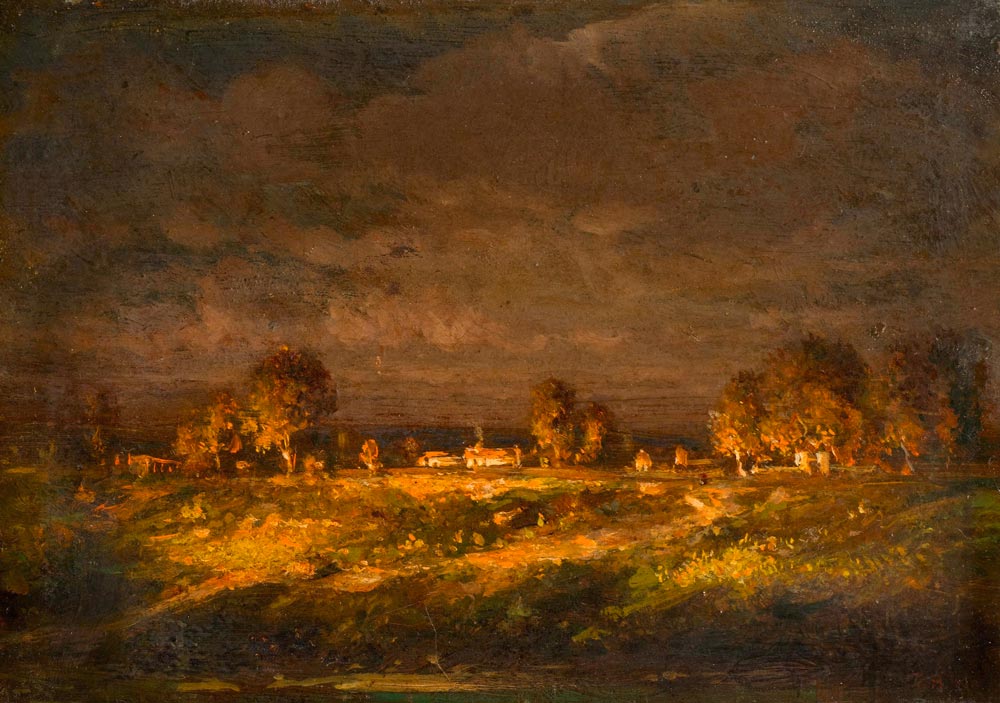 ROUSSEAU, THÉODORE (Paris 1812 - 1867 Barbizon) Chaumières dans la plaine. Circa 1860. Oil on metal.