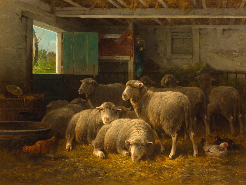 LEEMPUTTEN, CORNELIS VAN (Werchter 1841 - 1902 Schaerbeek) Sheep in a stall. Oil on canvas. Signed