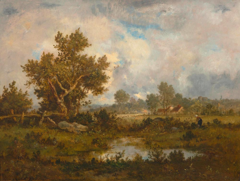 RICHET, LÉON (Solemes 1847 - 1907 Paris) Woman gathering brushwood near a pond. 1873. Oil on