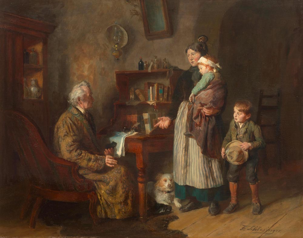 SCHLESINGER, FELIX (1833 Hamburg 1910) Visiting the doctor. Oil on canvas. Signed lower right: F.