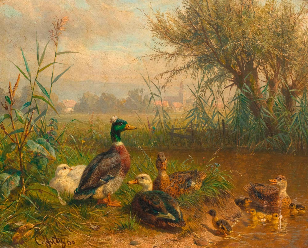 JUTZ, CARL (Windschläg 1838 - 1916 Pfaffendorf) Poultry by a pond. 1900. Oil on panel. Signed and