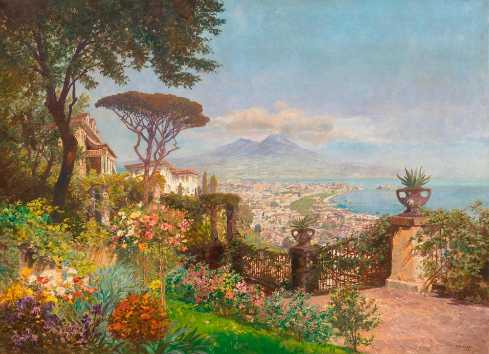 ARNEGGER, ALOIS (1879 Vienna 1963) View of Naples harbour with Vesuvius in the background.  Oil on