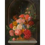 LEPAGE, FRANCOIS (1796 Lyon 1871) Still life of flowers on a marble slab before a niche. 1824. Oil