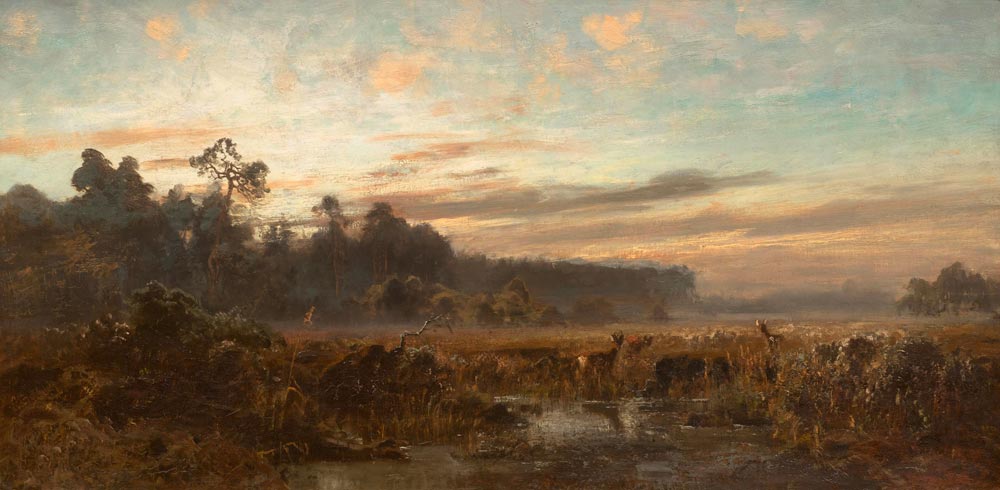 SCHLEICH, EDUARD D. J. (1853 Munich 1893) Dachau bogland with two deer in the early morning.  Oil on