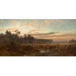 SCHLEICH, EDUARD D. J. (1853 Munich 1893) Dachau bogland with two deer in the early morning.  Oil on