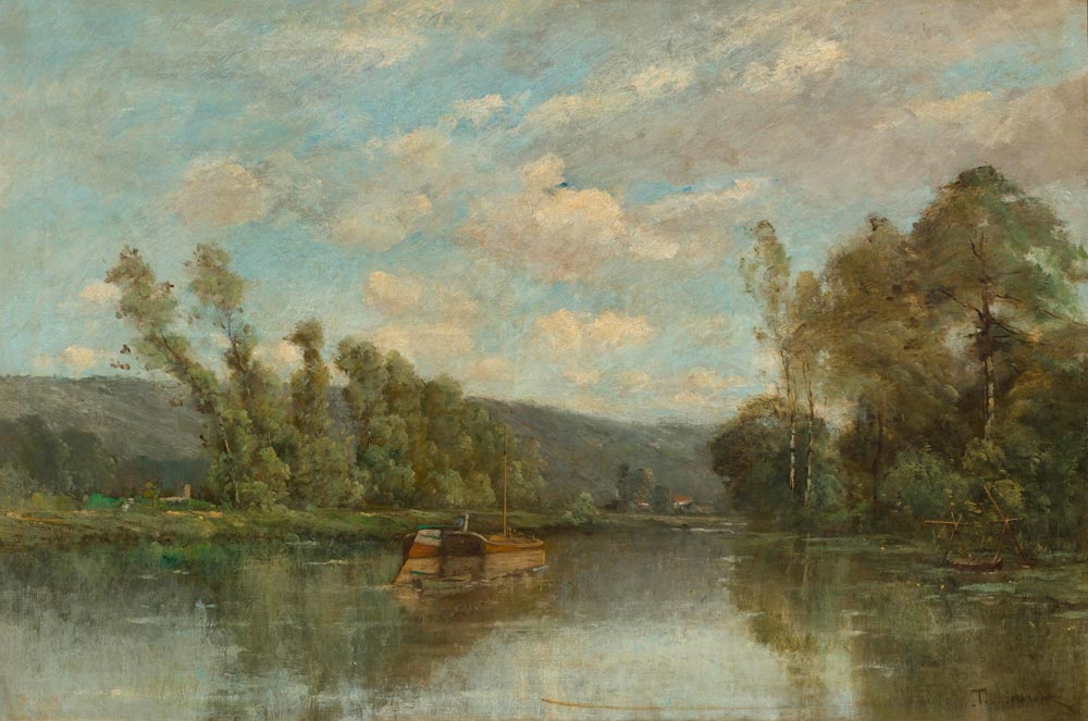 TROUILLEBERT, PAUL DÉSIRÉ (1829 Paris 1900) La Peniche – Landscape with barge. Oil on canvas. Signed