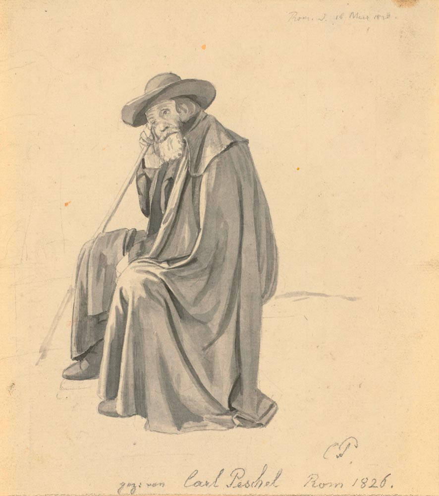 PESCHEL, CARL GOTTLIEB  (1798 Dresden 1879) Seated old man with drape.  Grey brush, graphite.