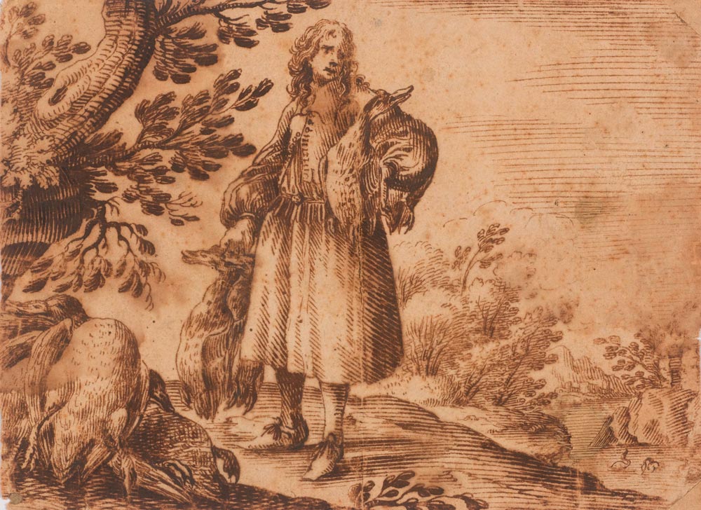 CANTAGALLINA, REMIGIO  (circa 1582 Florence 1630) Hunter with his catch of ducks. Brown pen on