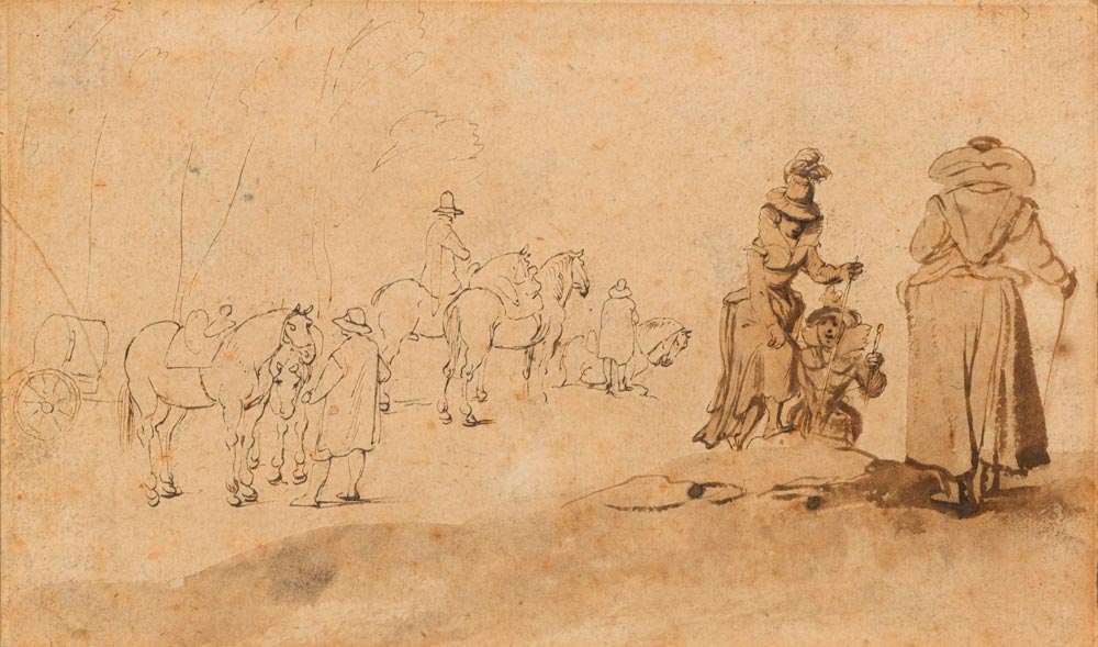 FLEMISH, 17TH CENTURY  Three ladies on a hill, with a waiting coach in the background.  Brown pen