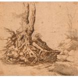 ITALIAN, 16TH CENTURY  Tree roots with landscape. Verso: angel studies and dragon’s head.  Brown pen