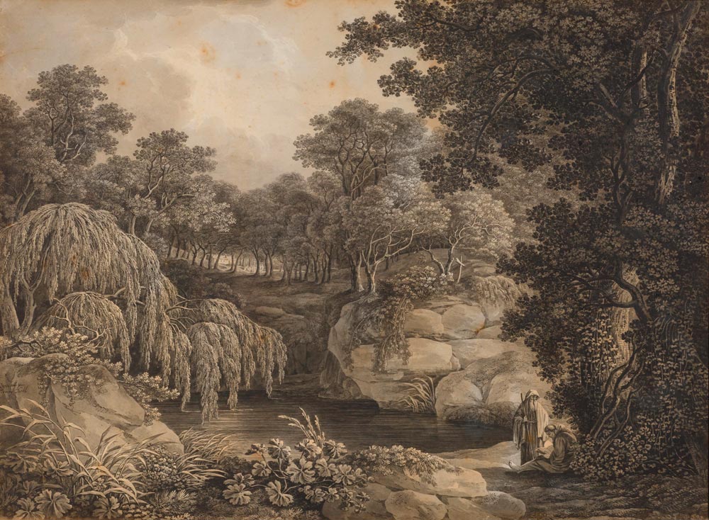 TROLL, JOHANN HEINRICH  (1756 Winterthur 1824) Two monks at the waterside in a wooded landscape.