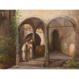 SCHEUREN, CASPAR JOHAN NEPOMUK  (1810 Aachen - 1887 Düsseldorf) Monks at a castle entrance. Gouache.