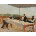 ULYSSE-ROY, JEAN  (active 19th/20th century) Veranda in summer with men enjoying a siesta. Oil on