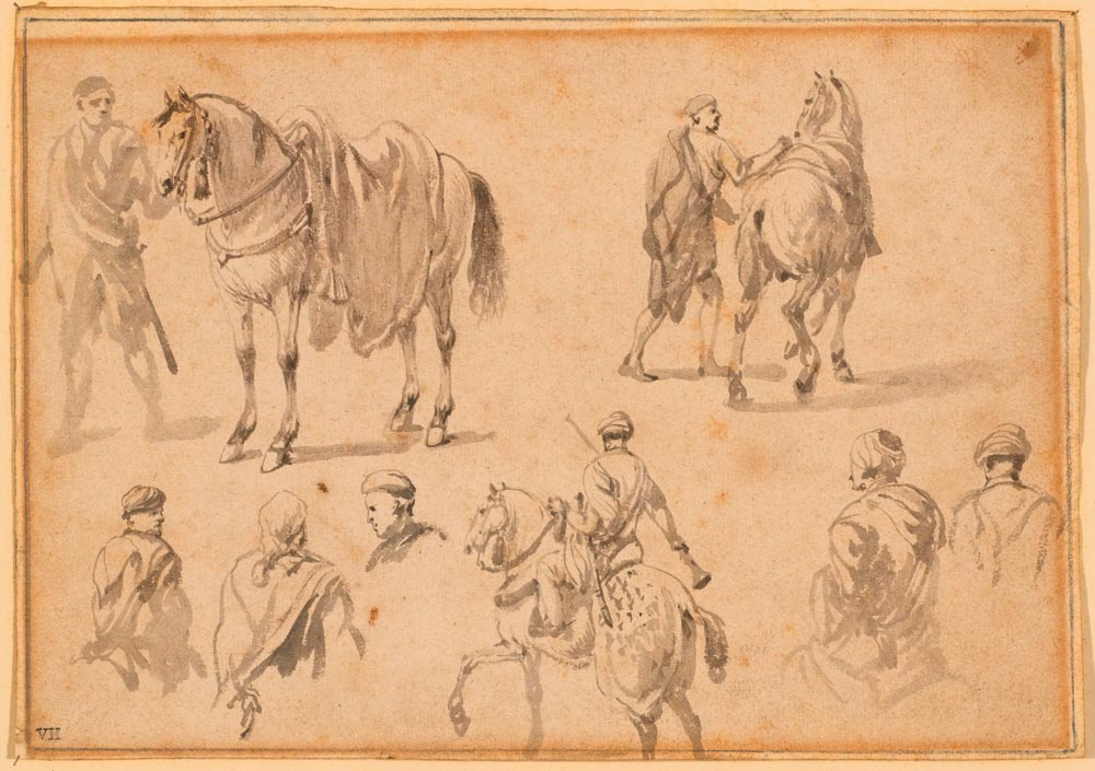 FRENCH, 18TH CENTURY  Studies of men from the Orient with horses.  Pen and brush in grey. 17 x 25