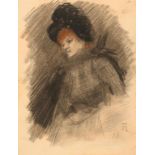 ROPS, FELICIEN  (Namur 1833 - 1898 Essones) Portrait of a lady in a black hat. Coloured chalk on old