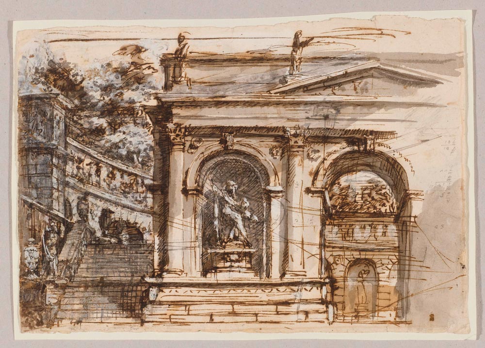 ROMAN, 18TH CENTURY  Baroque garden architecture and flight of steps leading to a park.  Brown