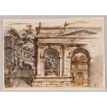 ROMAN, 18TH CENTURY  Baroque garden architecture and flight of steps leading to a park.  Brown