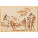 THE NETHERLANDS, 17TH CENTURY  Two herdsmen with a cow by the water. Brown brush over black chalk.