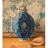 FORNASARIG, V.  (active end of the 19th century) Still life with blue ceramic bottle on a table with