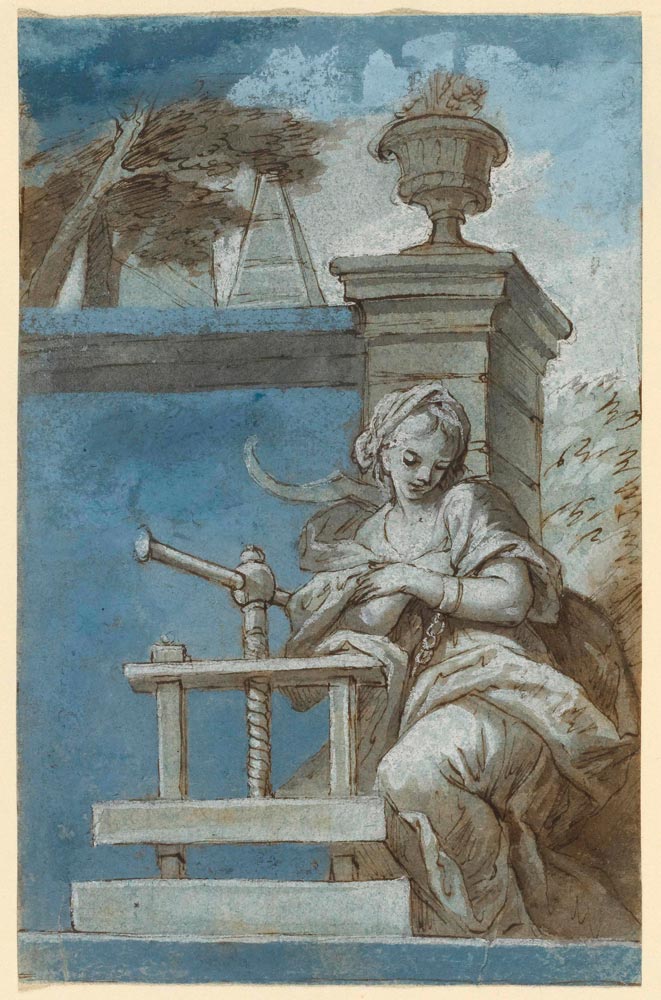 SOUTH GERMAN, CIRCA 1750  Allegory of the art of printing.  Brown pen, grey wash, blue gouache,