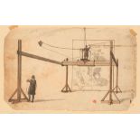 FRENCH, 19TH CENTURY  Painter on a platform before a large format painting. Black and brown pen