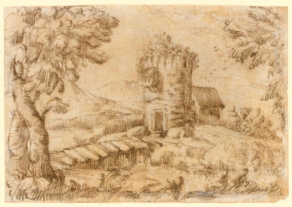 FLEMISH, 17TH CENTURY  Landscape with river, bridge, tower and house.  Brown pen. 14 x 21 cm.