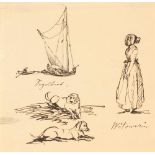 DAHL, JOHANN CHRISTIAN  (1788 Bergen - 1857 Dresden) 'Segelboot', 'Witowerin' and dogs. Brown pen.