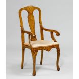 ARMCHAIR, late Baroque, Holland, 19th century. Mahogany, inlaid with a flower vase, flowers, leaves,