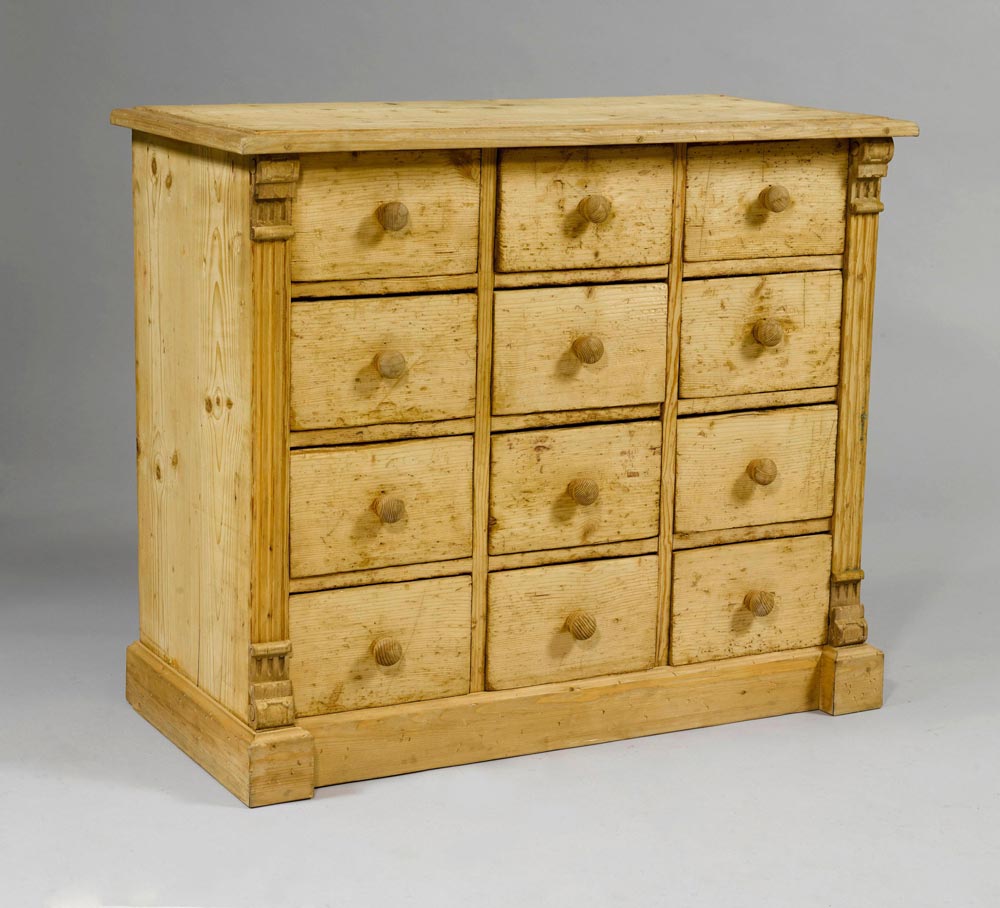 CHEST OF DRAWERS, Historicism, 19th century. Pinewood. Rectangular chest, the front with 12 drawers,