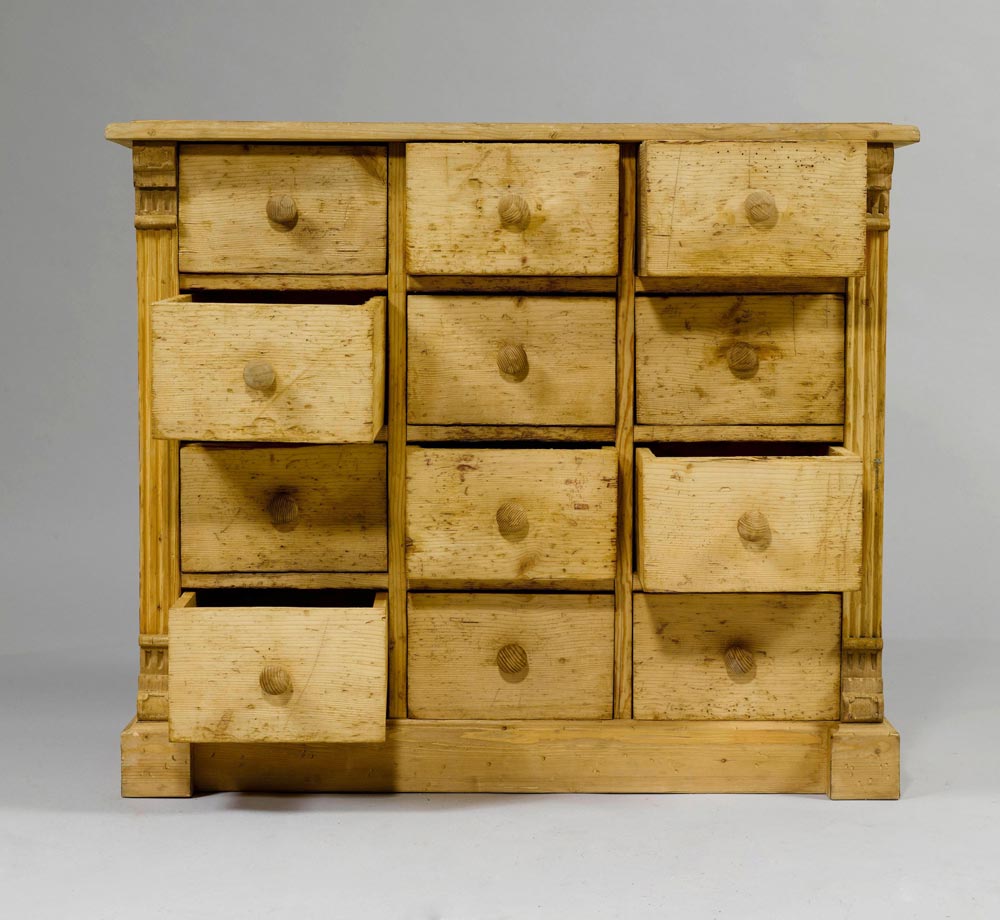 CHEST OF DRAWERS, Historicism, 19th century. Pinewood. Rectangular chest, the front with 12 drawers, - Image 2 of 2