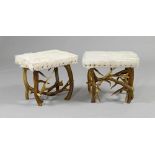 PAIR OF ANTLER STOOLS, in the style of the Alpine region. Rectangular, padded seat with a white