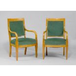 PAIR OF FAUTEUILS, Restoration, France. Ash. Padded seat and backrest. Green velour cover.    PAAR