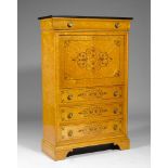 SECRETAIRE À ABATTANT, Charles X style. Bird's eye maple inlaid with rosewood tendrils.