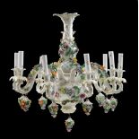 PORCELAIN CHANDELIER, Dresden, 20th century. Polychrome painted with flowers and leaves. 9 curved