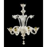 CHANDELIER, Baroque style, Murano, 20th century. Colourless glass. 6 curved light branches on a