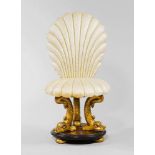 SHELL-SHAPED CHAIR, Baroque style, 20th century. Wood, sculpted as dolphins and shells, and gilt.