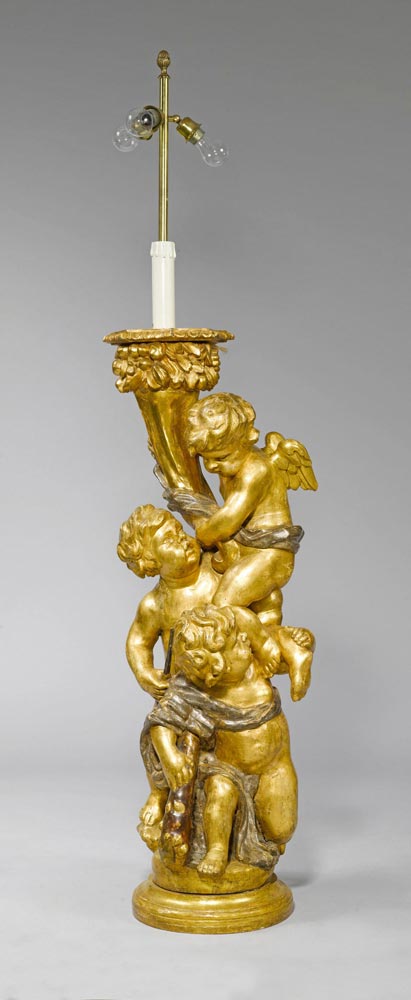 CANDELABRA WITH FIGURES, Baroque style, Italy, 19th century. Wood, carved with 3 angels holding a