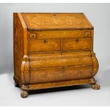 BUREAU CABINET, late Baroque, Holland, 19th century. Walnut inlaid with flowers and tendrils in