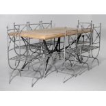 GARDEN TABLE WITH 6 CHAIRS AND 2 FAUTEUILS, modern. Metal. The table with a rectangular terracotta