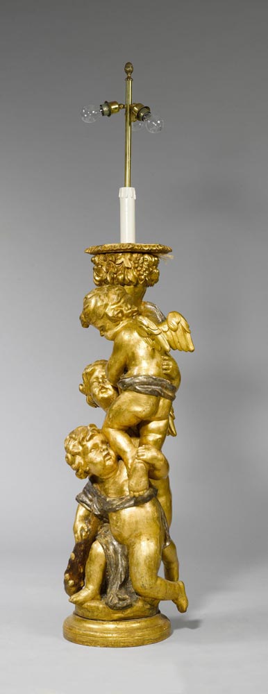 CANDELABRA WITH FIGURES, Baroque style, Italy, 19th century. Wood, carved with 3 angels holding a - Image 3 of 4