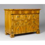 COMMODE, late Biedermeier, 19th century. Walnut and burlwood. Rectangular body on later square feet.