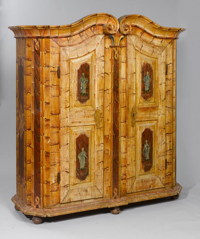 PAINTED ARMOIRE, late Baroque, probably from Germany, 19th century. Grained pine, the door