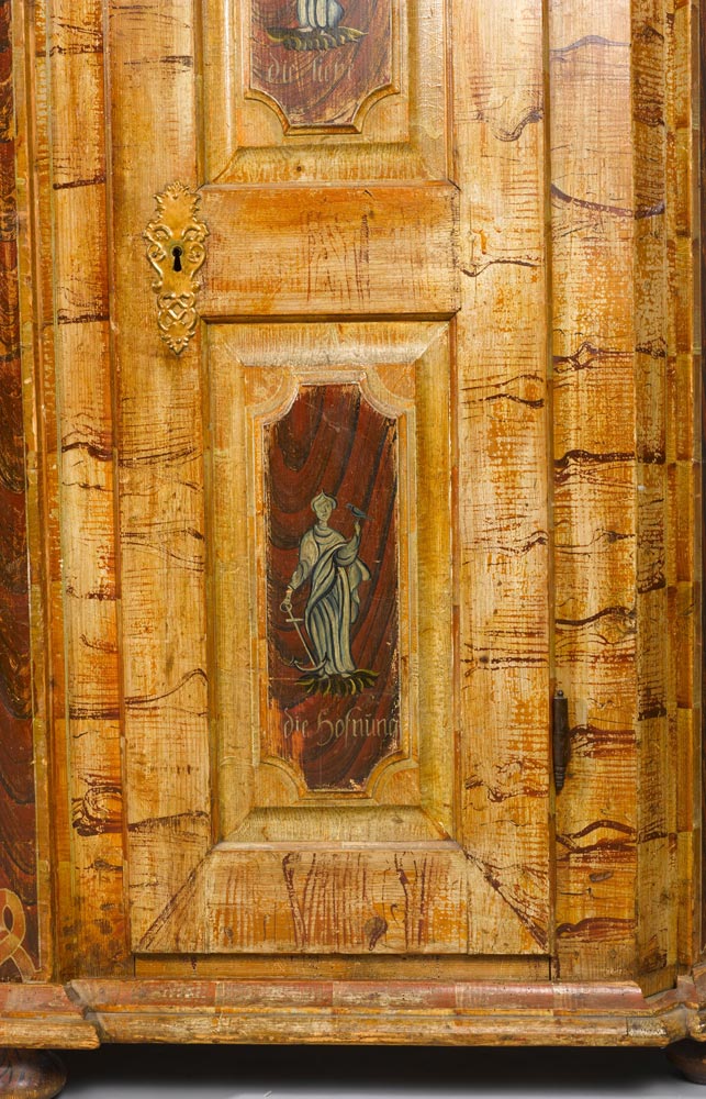 PAINTED ARMOIRE, late Baroque, probably from Germany, 19th century. Grained pine, the door - Image 3 of 3