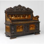 INLAID CASSAPANCA, Renaissance style, probably Italy, 19th century. Walnut, carved with leaf